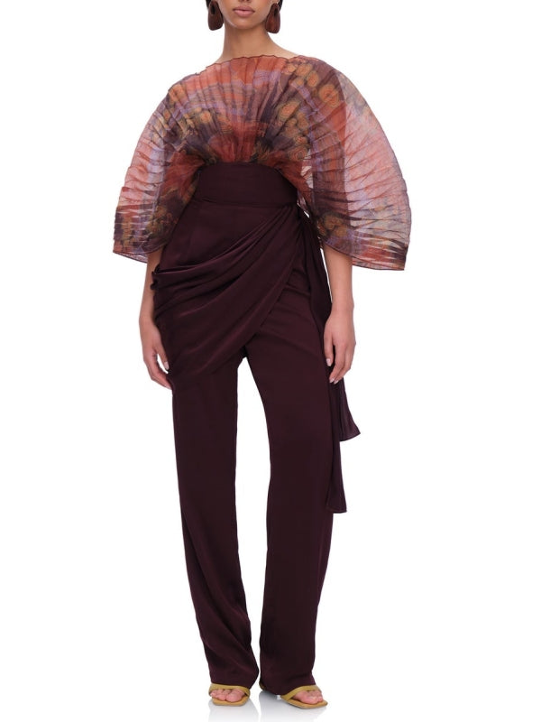 Printed Sheer-Combo Batwing-Sleeve Bodysuit