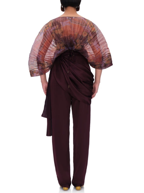Printed Sheer-Combo Batwing-Sleeve Bodysuit
