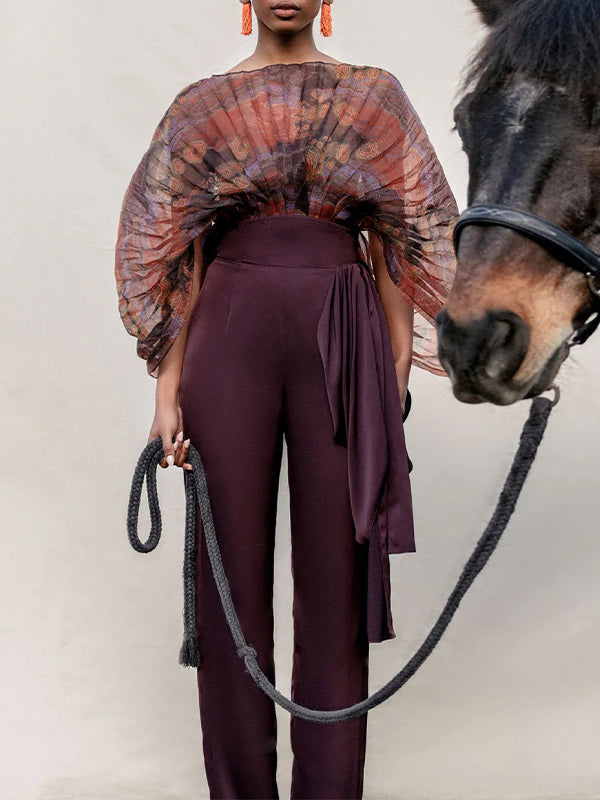Printed Sheer-Combo Batwing-Sleeve Bodysuit