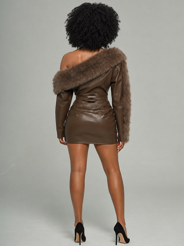 Faux-Fur Combo Faux-Leather Dress