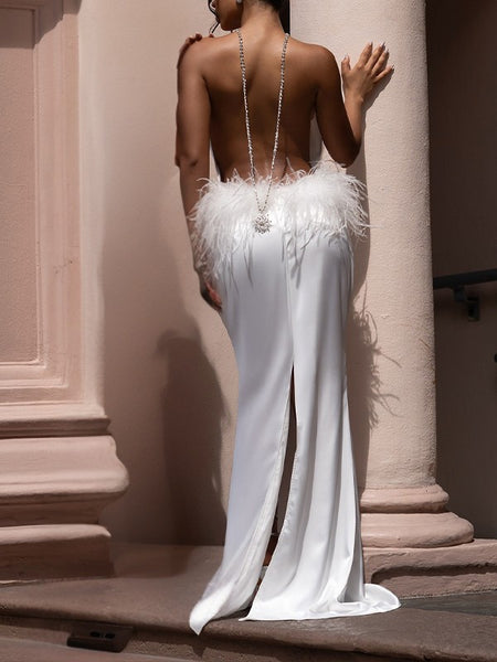 Feather-Combo Halter Dress