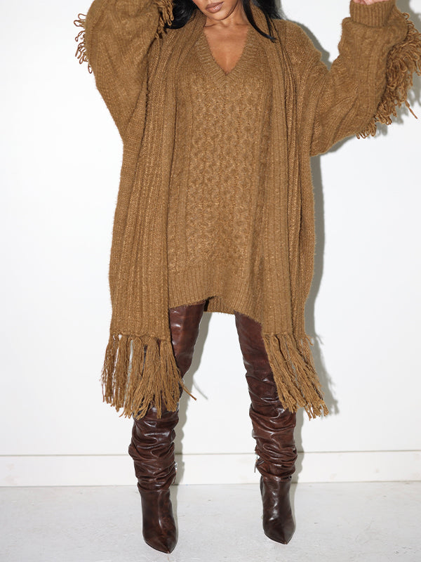 Fringe V-Neck Knit Dress