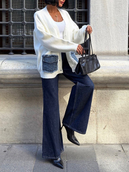 Denim-Combo Button-Front Cardigan