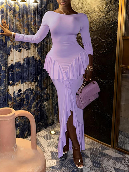 Solid Ruffle Slit Dress