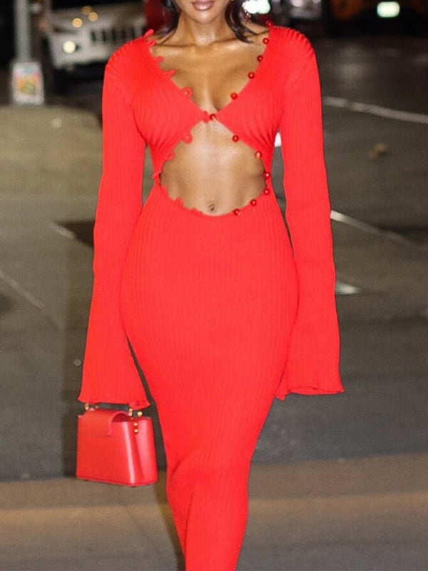 Knit V-Neck Cutout Maxi Dress