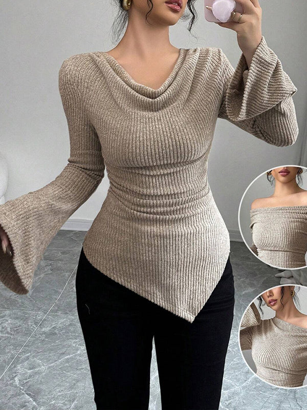 Solid Cowl-Neck Ribbed Top