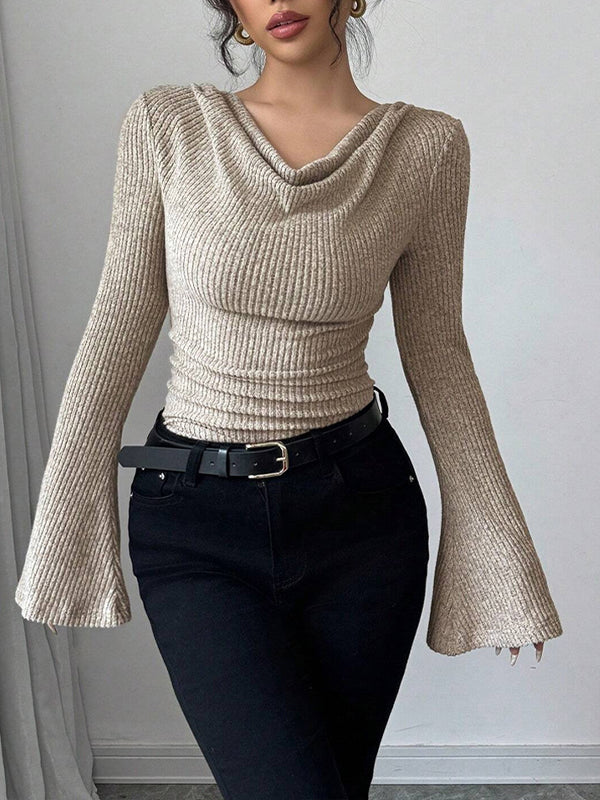 Solid Cowl-Neck Ribbed Top