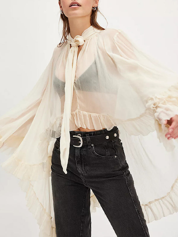 Tied-Neck Ruffle Tunic Top
