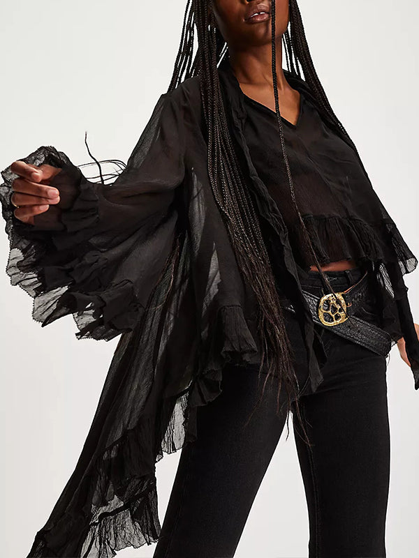 Tied-Neck Ruffle Tunic Top
