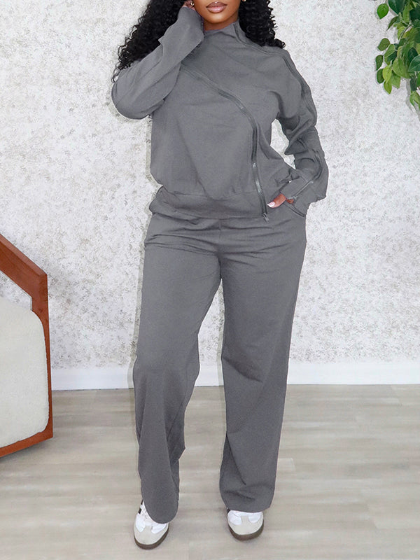 Solid Zip Sweatshirt & Pants Set