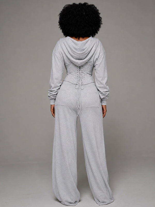 Solid Lace-Up Hoodie & Pants Set