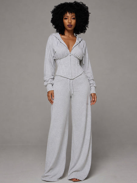 Solid Lace-Up Hoodie & Pants Set