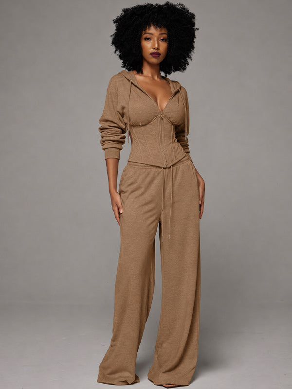 Solid Lace-Up Hoodie & Pants Set