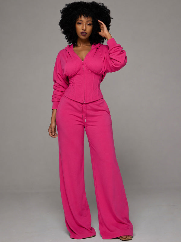 Solid Lace-Up Hoodie & Pants Set