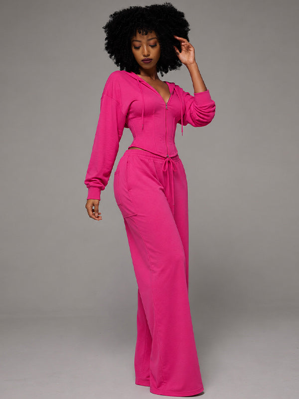 Solid Lace-Up Hoodie & Pants Set