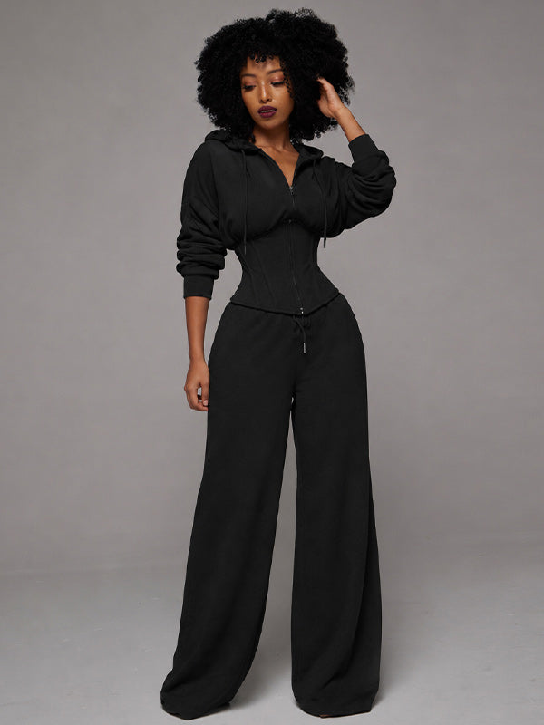 Solid Lace-Up Hoodie & Pants Set