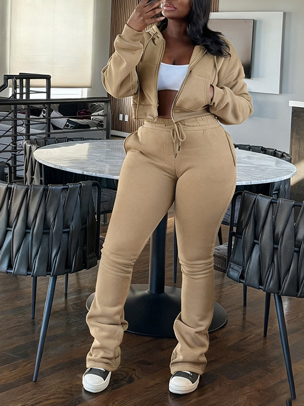 Solid Zip-Front Hoodie & Pants Set