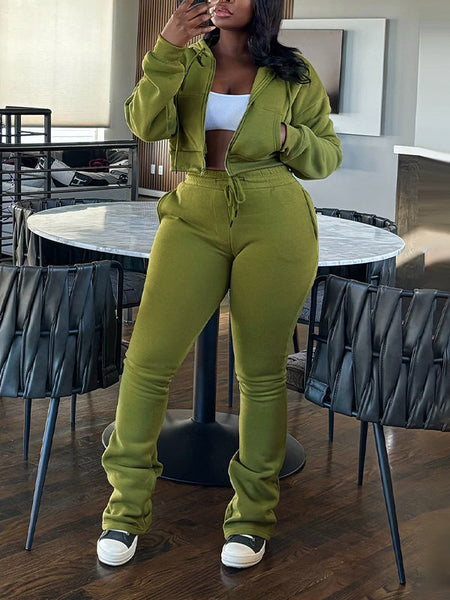 Solid Zip-Front Hoodie & Pants Set