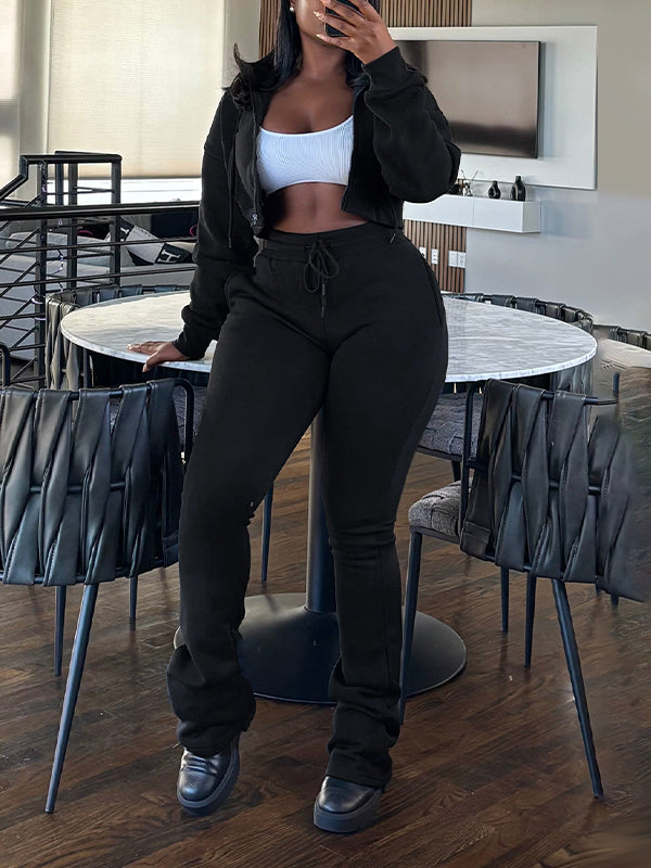 Solid Zip-Front Hoodie & Pants Set