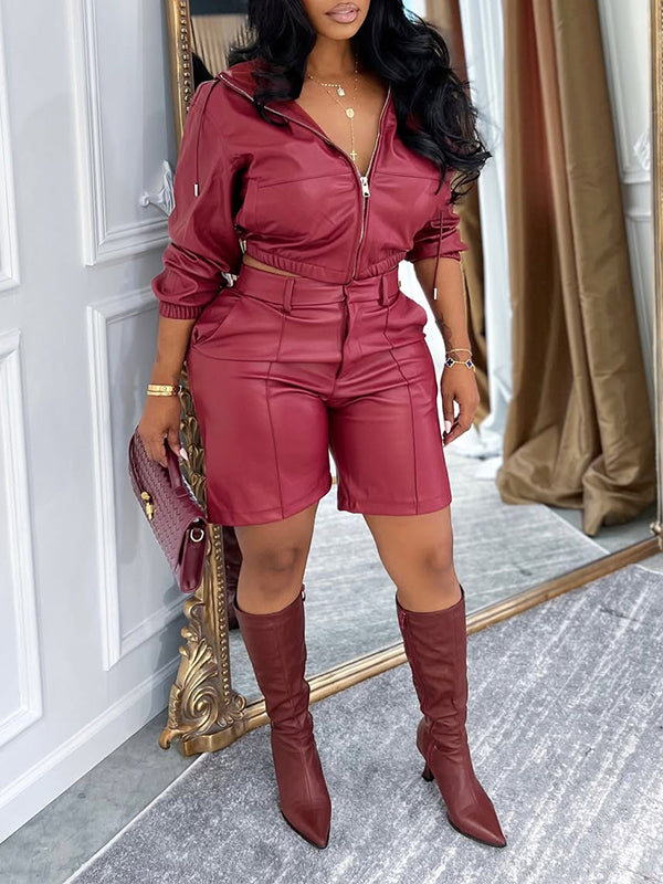 Faux-Leather Hoodie & Shorts Set