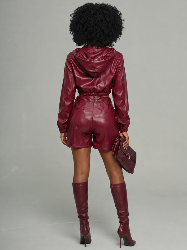 Faux-Leather Hoodie & Shorts Set
