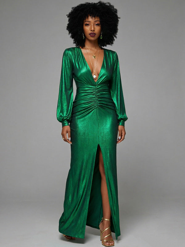 Metallic V-Neck Maxi Dress