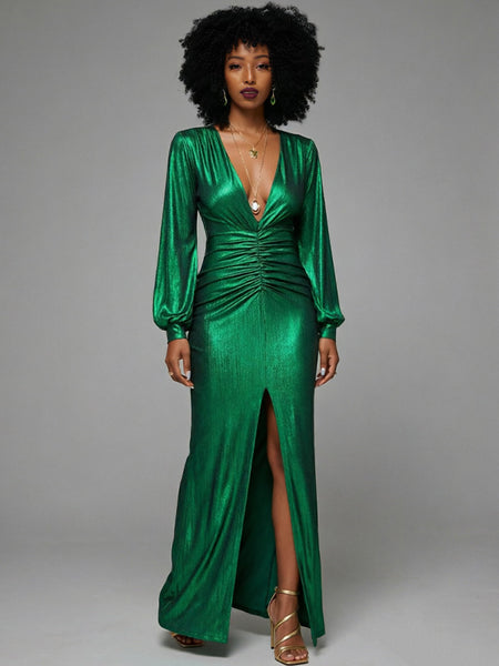 Metallic V-Neck Maxi Dress