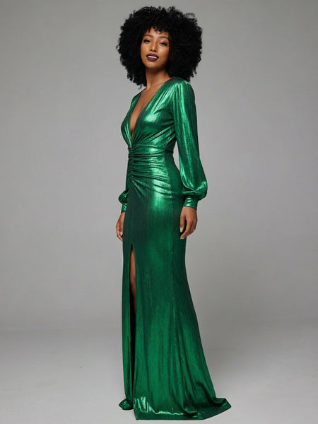 Metallic V-Neck Maxi Dress