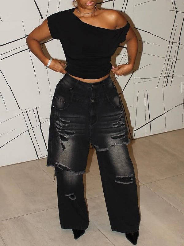 Double-Waist Ripped Jeans