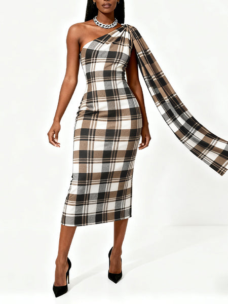 Plaid One-Shoulder Dress