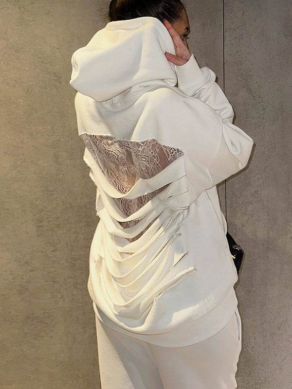Lace-Combo Ripped Hoodie