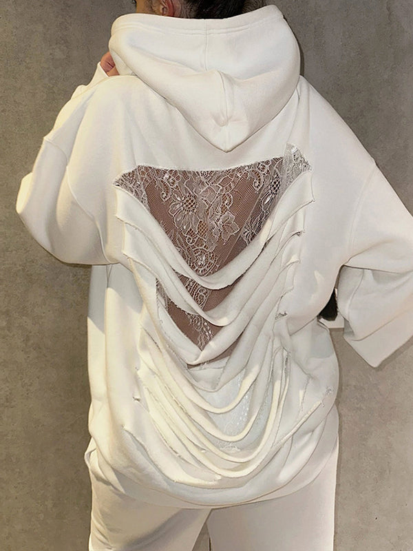 Lace-Combo Ripped Hoodie