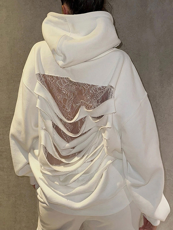 Lace-Combo Ripped Hoodie