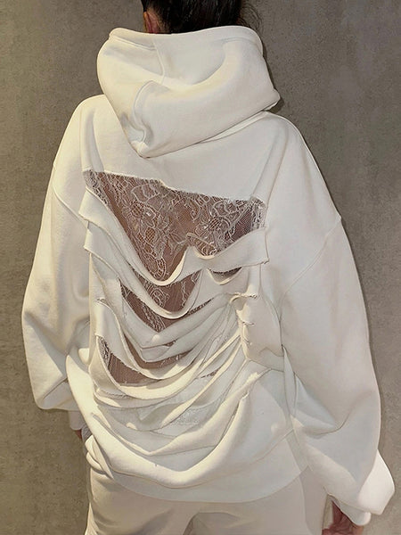 Lace-Combo Ripped Hoodie