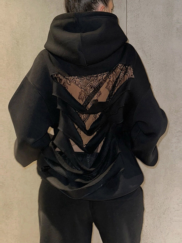 Lace-Combo Ripped Hoodie