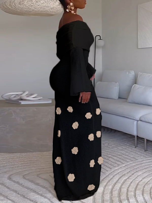 Solid Floral Off-Shoulder Dress