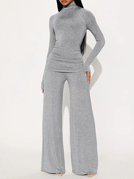 Solid Turtleneck Top & Wide-Leg Pants Set