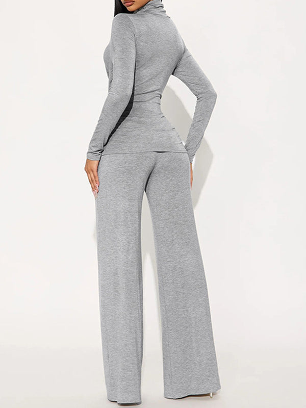 Solid Turtleneck Top & Wide-Leg Pants Set