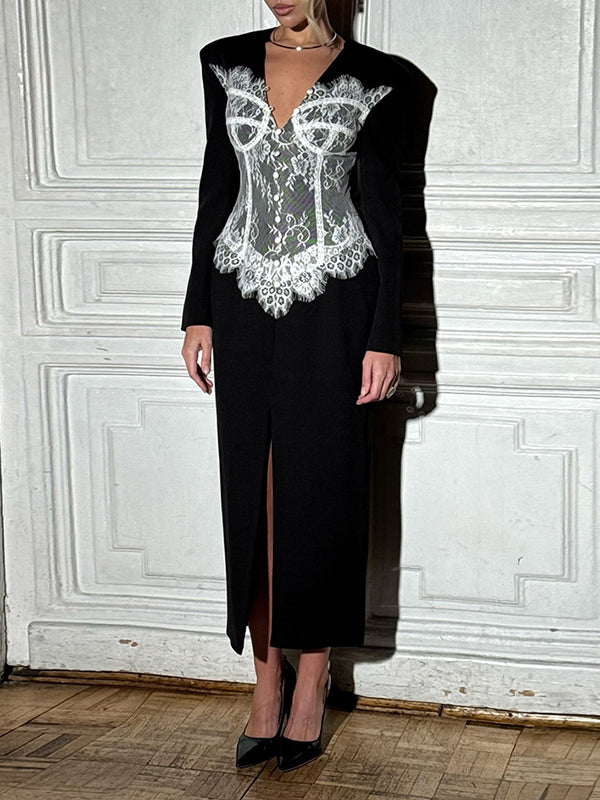 Lace-Combo Blazer Dress
