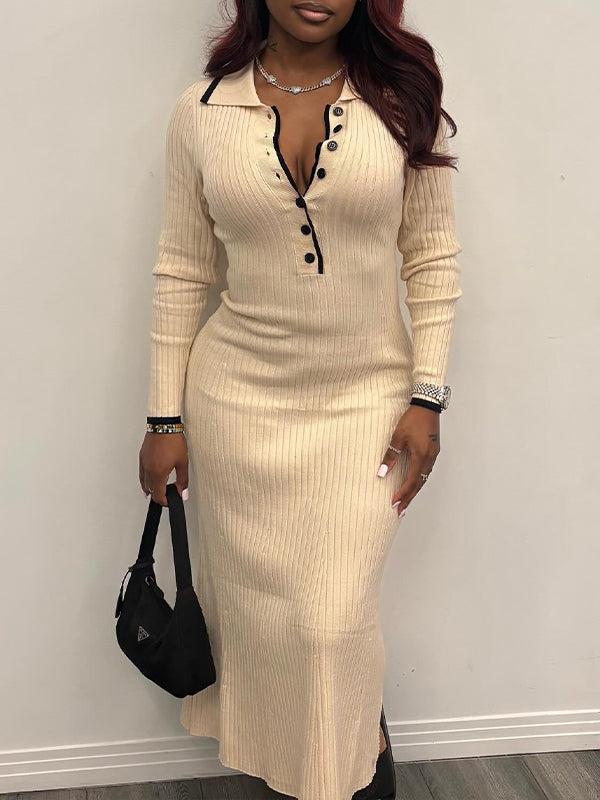 Button-Front Ribbed Polo Dress