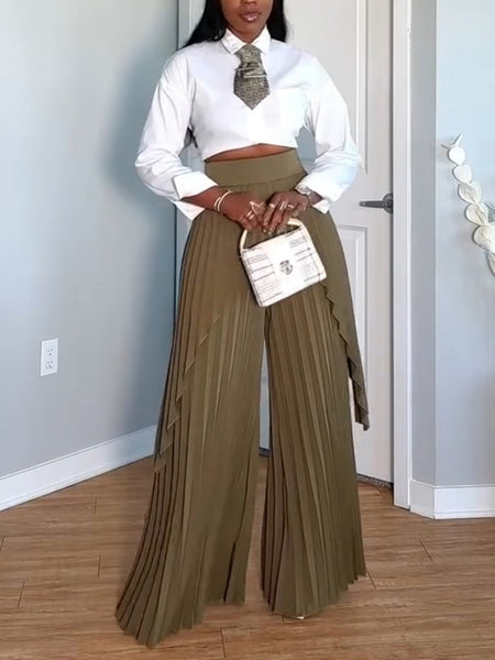 Draped Pleated Wide-Leg Pants