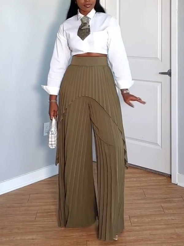 Draped Pleated Wide-Leg Pants