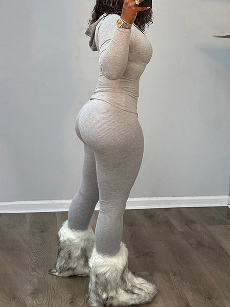 Solid Zip-Front Hoodie & Pants Set