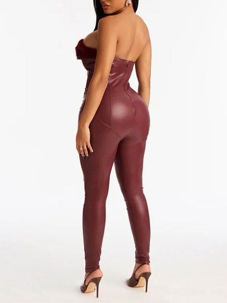 Faux-Fur Combo Faux-Leather Jumpsuit
