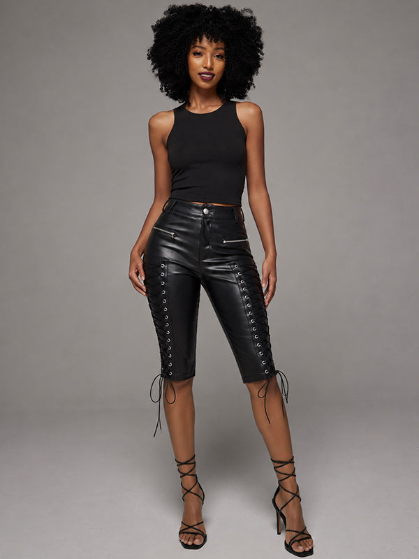 Lace-Up Faux-Leather Capri Pants