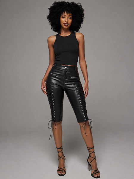 Lace-Up Faux-Leather Capri Pants