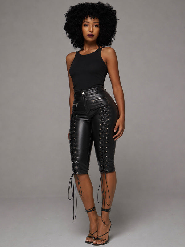 Lace-Up Faux-Leather Capri Pants