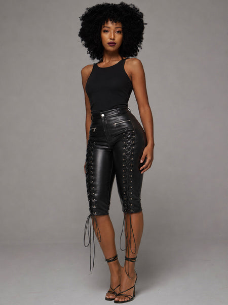 Lace-Up Faux-Leather Capri Pants