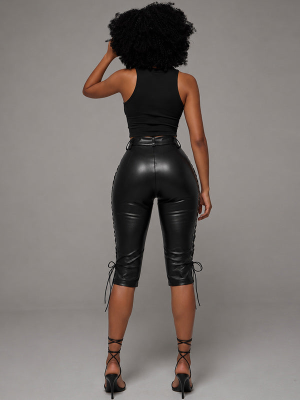 Lace-Up Faux-Leather Capri Pants