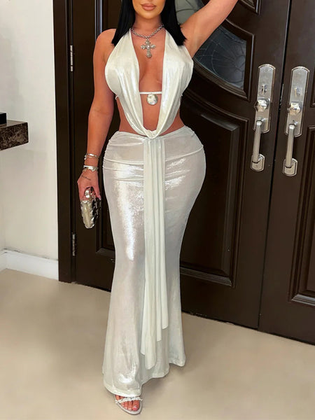 Metallic Halter Top & Skirt Set